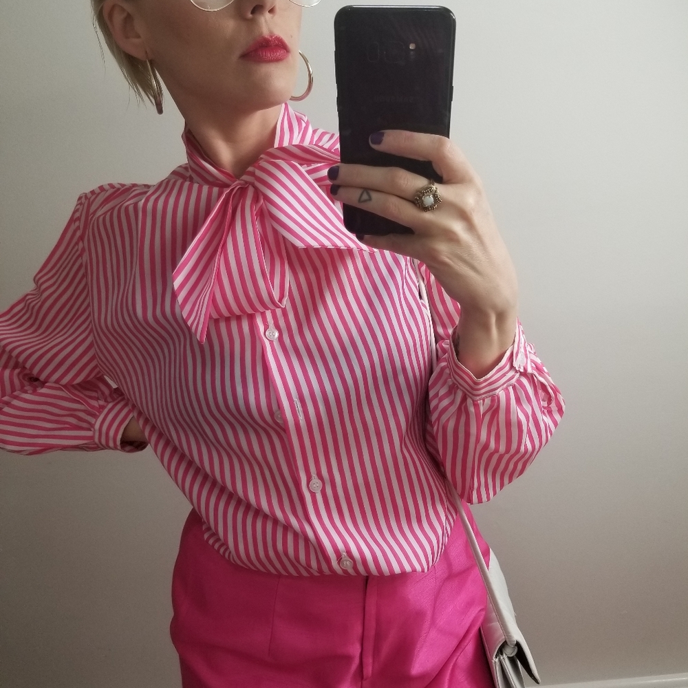 Vintage Pink and White Striped Pussy Bow Blouse